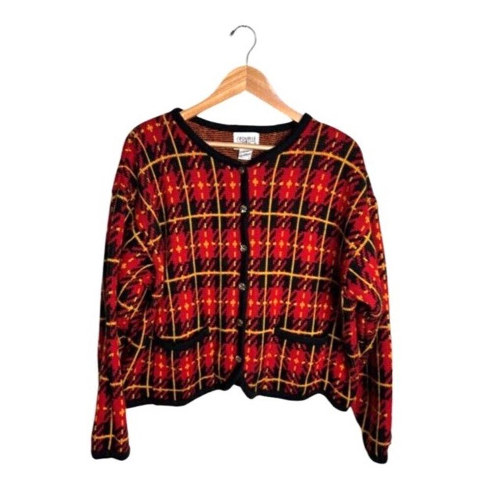 Cervelle Cardigan Plaid Sweater Size XL Red Black Gold Buttons Vintage Grandpa